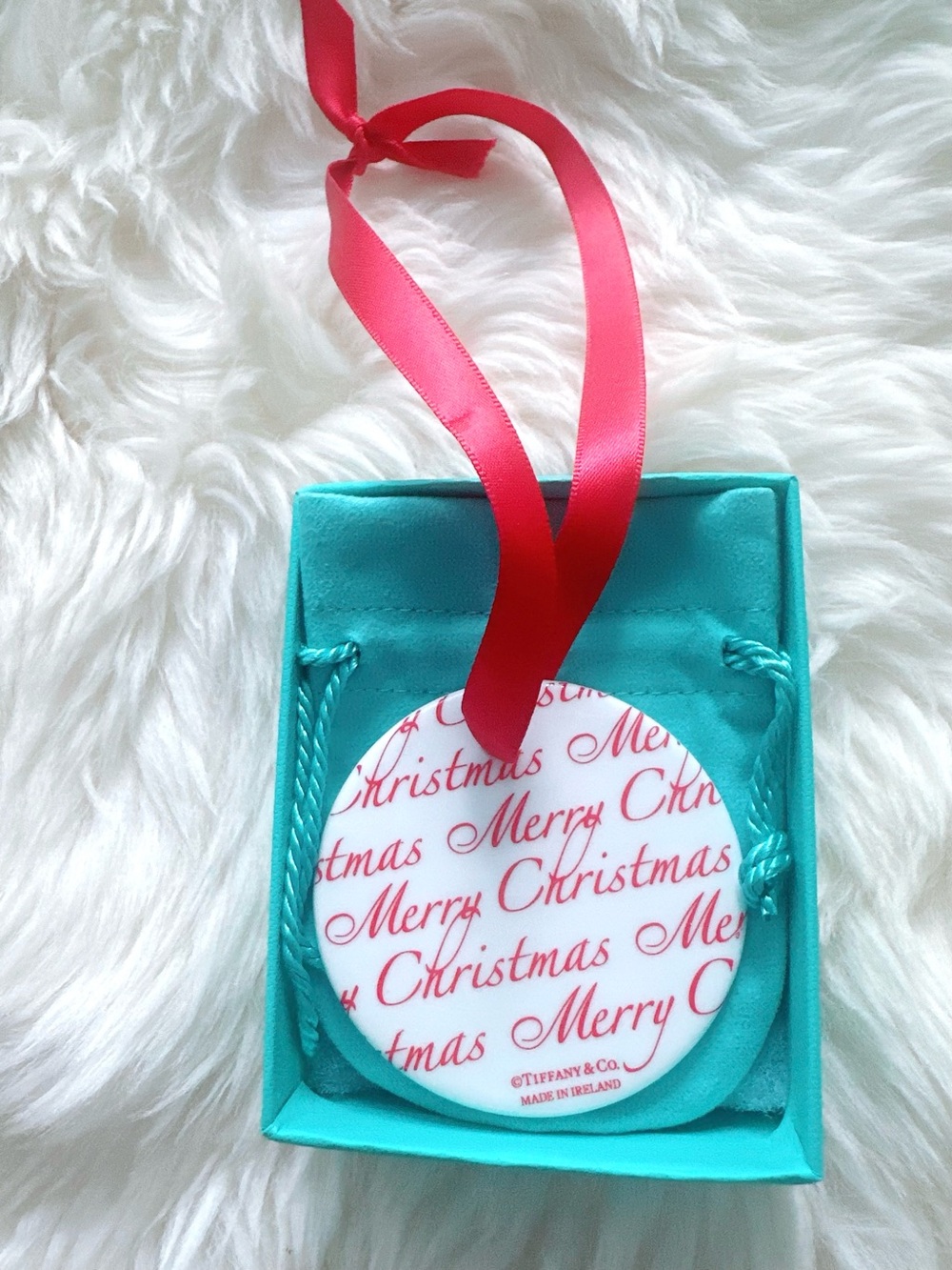 Tiffany & Co. Merry Christmas Red Script Ornament - Blue Gift Box and Pouch